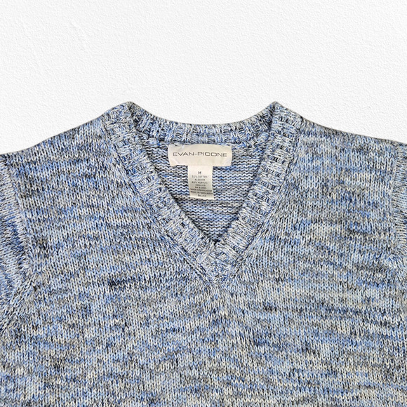 Y2K Vintage Evan-Picone Blue Marled Knit V-Neck Short Sleeve Sweater Size Medium - Picture 2 of 5